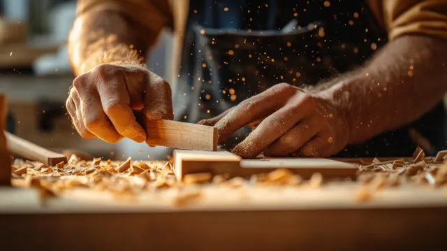 Hands use a hand plane to smooth a wooden board while shavings fly across a workshop bench in warm light.