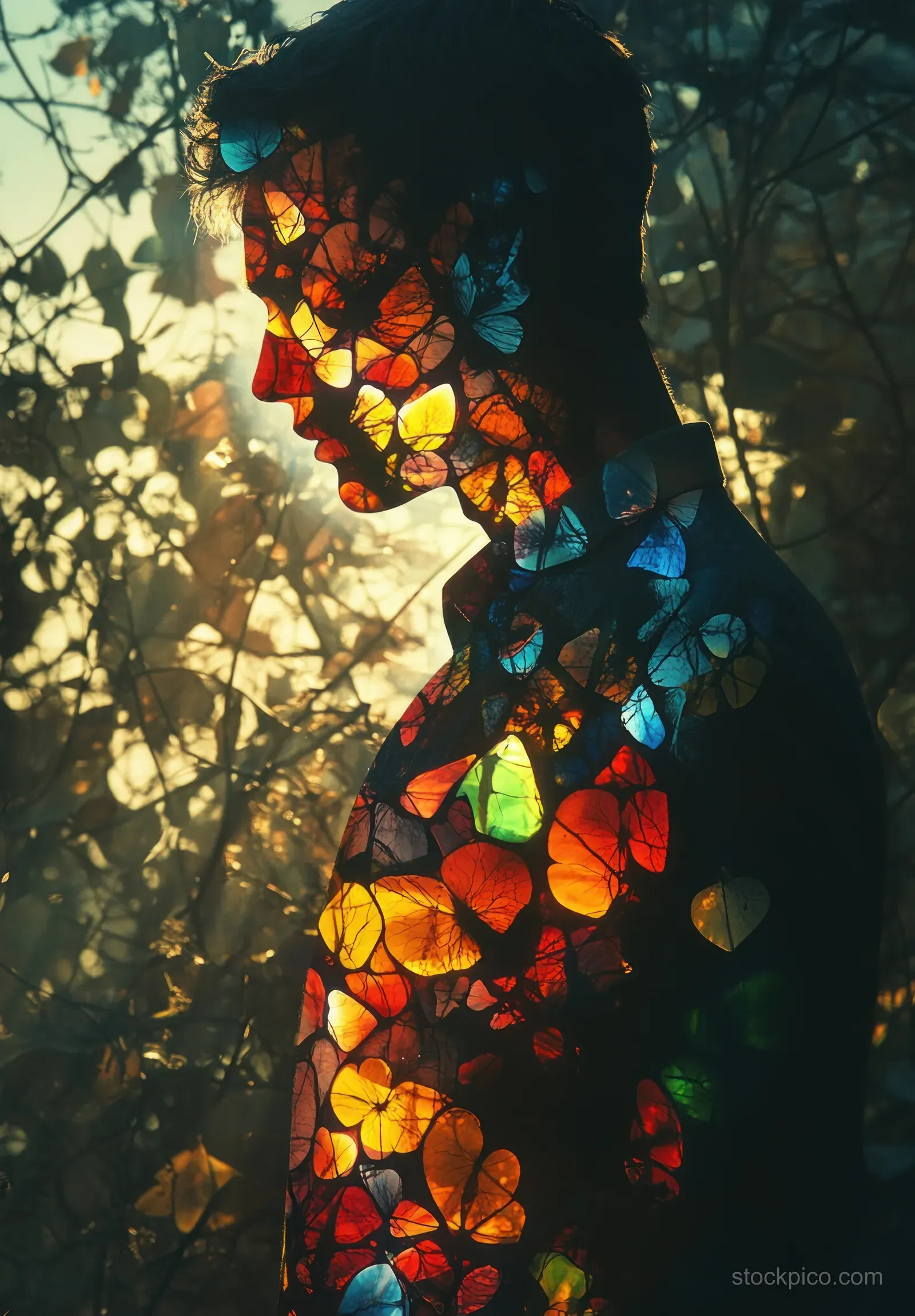A woman silhouette filled with colorful anatomical organs stands in a dark forest with dramatic shadows.