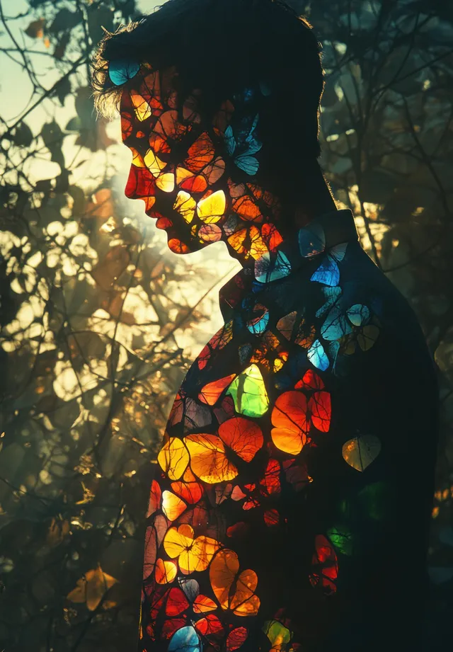 A woman silhouette filled with colorful anatomical organs stands in a dark forest with dramatic shadows.
