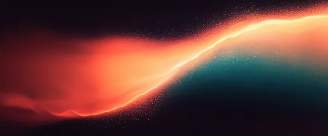 Retro 1980s red and teal light streaks over dark grainy abstract horizon glow