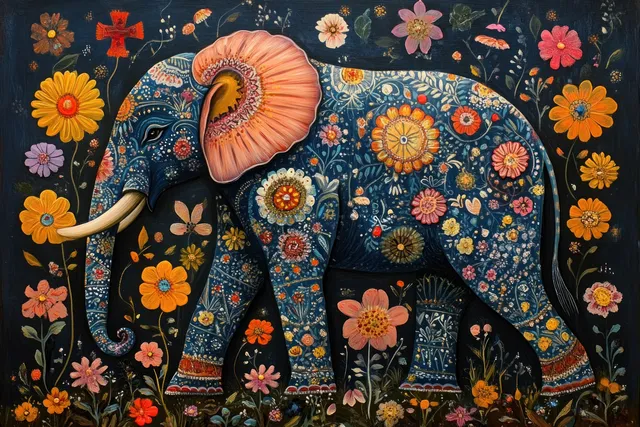 A vibrant Madhubani elephant painting adorned with intricate floral motifs and traditional patterns.