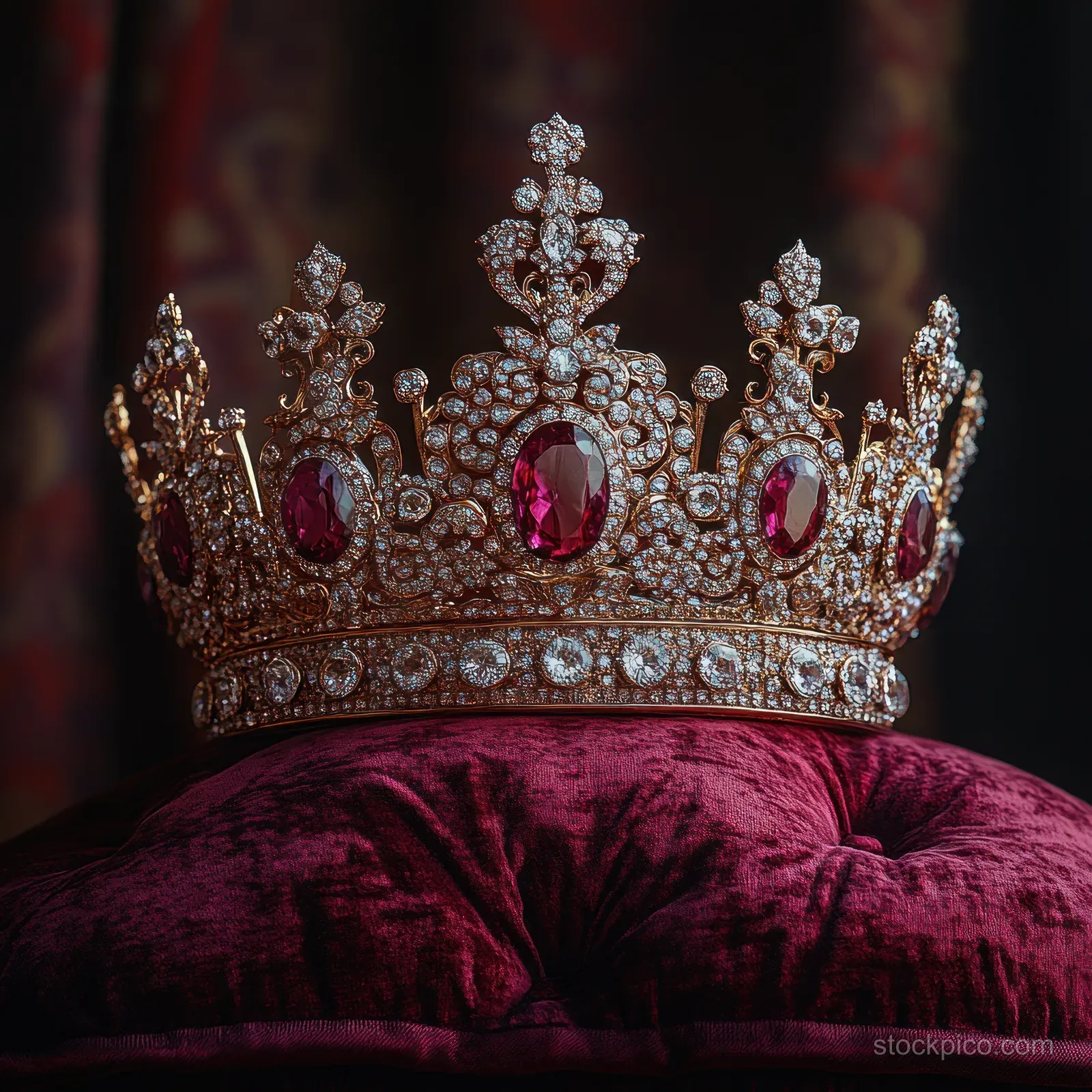 Jeweled gold royal crown resting on a deep red velvet pillow against a dark blurred background.