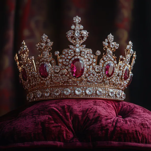 Jeweled gold royal crown resting on a deep red velvet pillow against a dark blurred background.