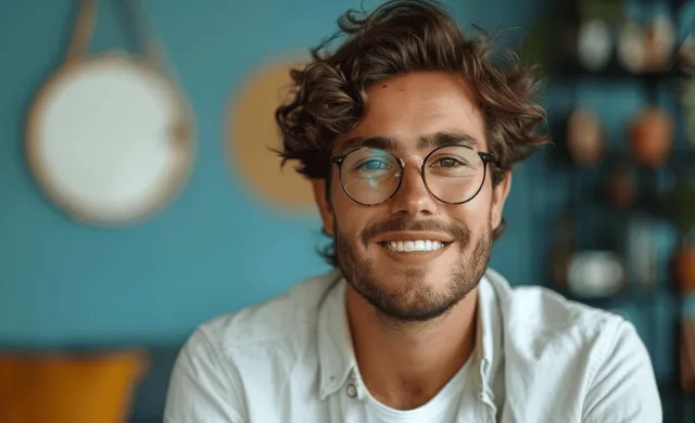 A smiling man in glasses talks on a smartphone and gives a thumbs-up against a blue studio background.
