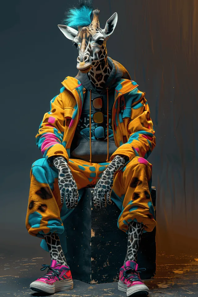 Anthropomorphic giraffe wearing a colorful hip hop jacket and sneakers, seated on a black cube