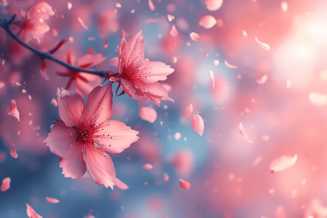 Pink cherry blossoms on a dark branch with floating petals against a soft pastel watercolor sky.