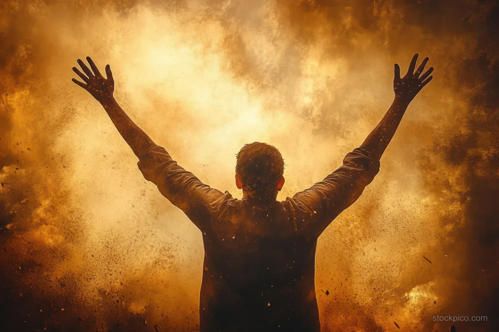 A silhouetted man raises both arms in worship against a glowing golden smoky backdrop.