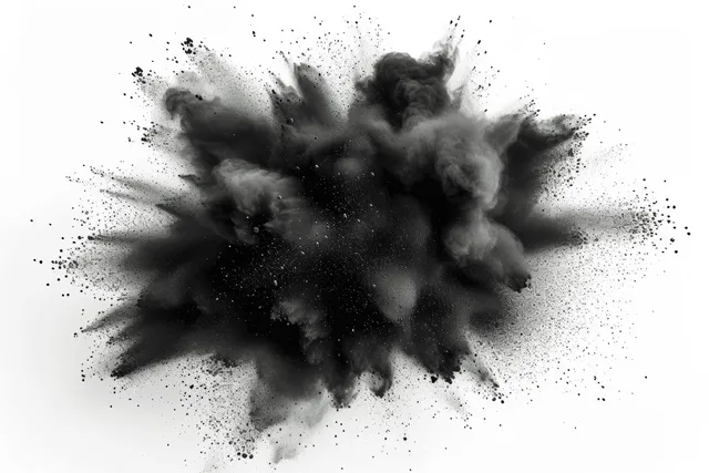 Black powder explosion dust cloud burst isolated on white background, top view motion texture