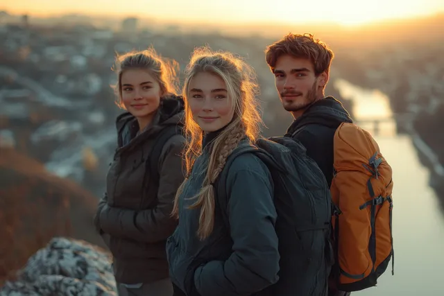 Three friends with backpacks enjoy a golden riverside overlook at sunset