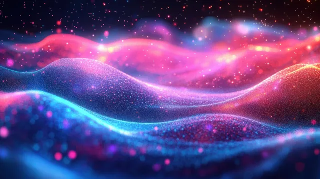 Neon blue and pink light waves flow through a dark digital tunnel with floating particles and glowing bokeh.