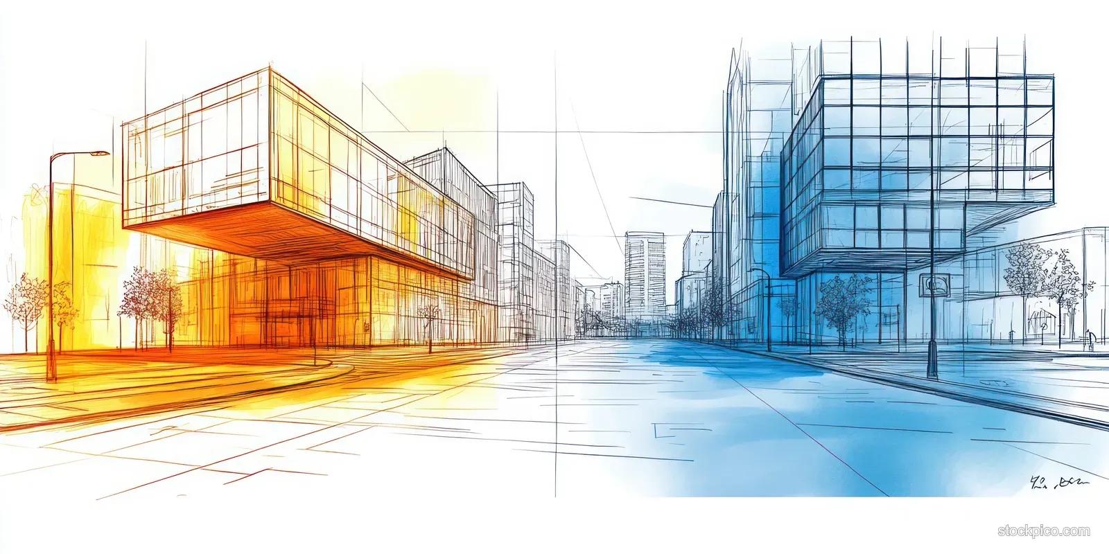 Empty downtown street with orange and blue transparent glass buildings overlaid by architectural sketch lines.