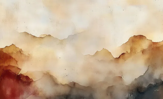 Abstract watercolor mountain shapes blend into a hazy mist using beige, brown, and dark charcoal washes.
