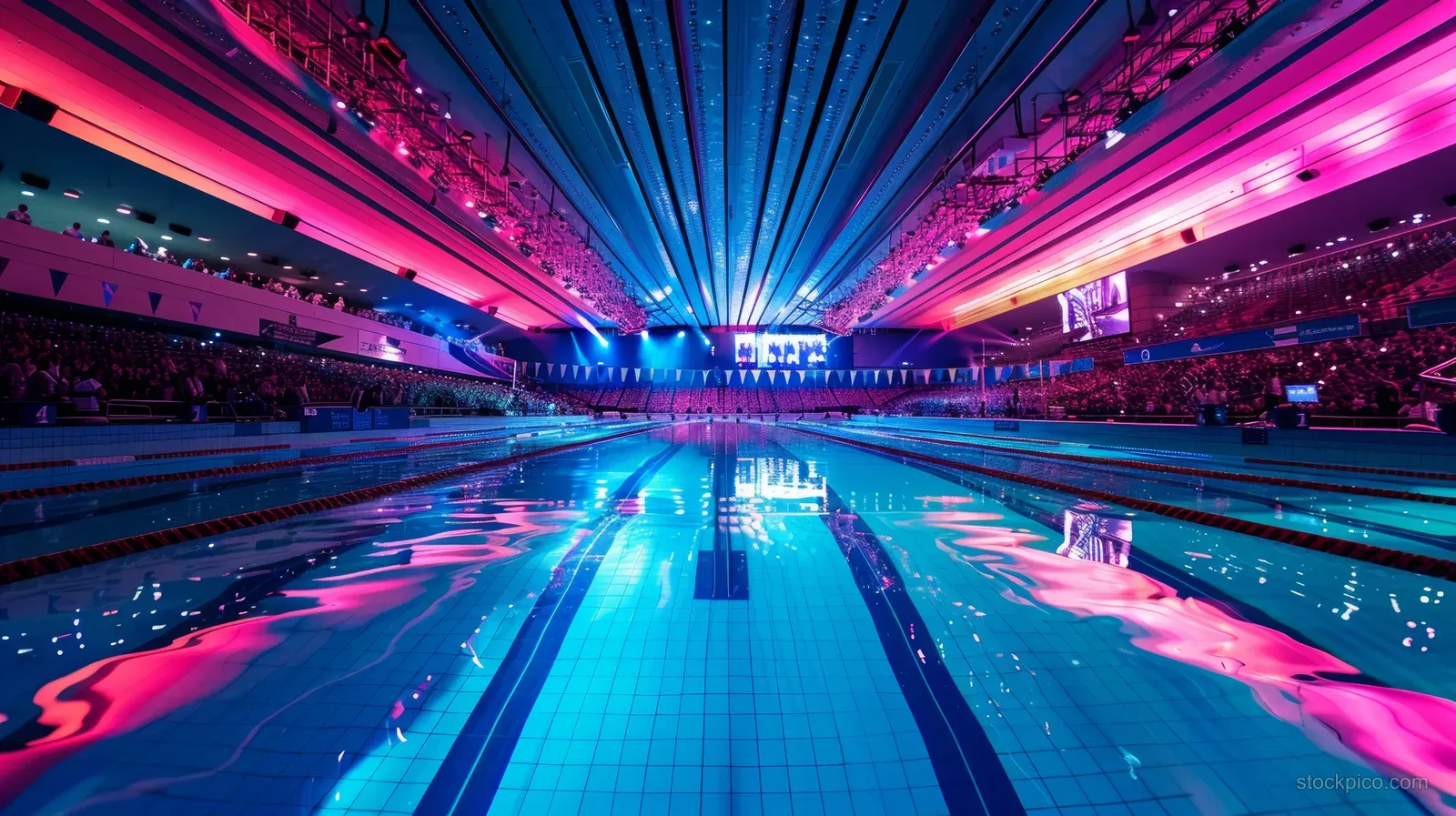 Swimmers in relay lanes dive forward in a brightly lit pool with cheering crowd lights.