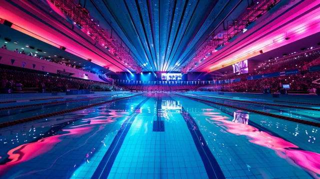 Swimmers in relay lanes dive forward in a brightly lit pool with cheering crowd lights.