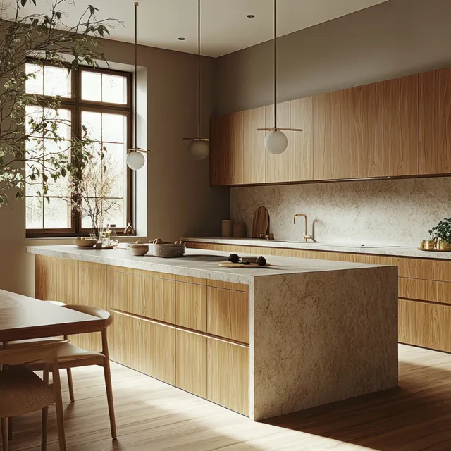 Sunlit modern kitchen with wooden cabinets, marble island, pendant lights, and potted plants beside a large window.