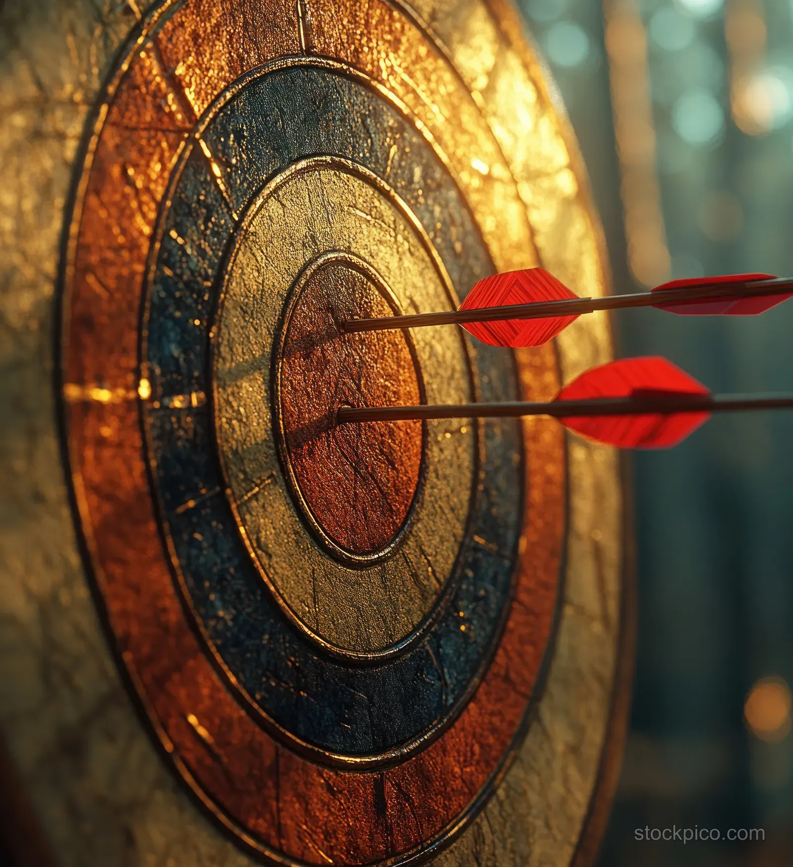Three red arrows pierce the bullseye on a target under warm golden sunset light.