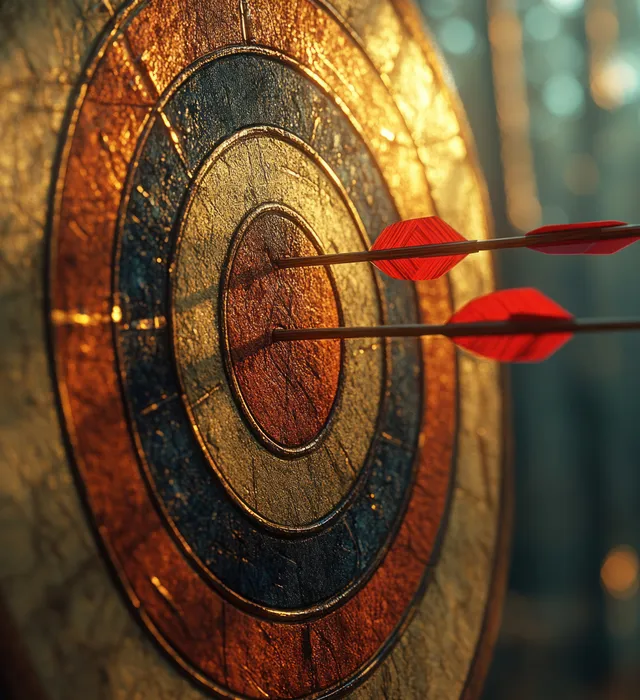 Three red arrows pierce the bullseye on a target under warm golden sunset light.