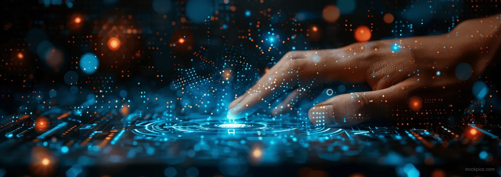 Hands hover over a glowing digital dashboard with targets, chart lines, and upward projection graphics.