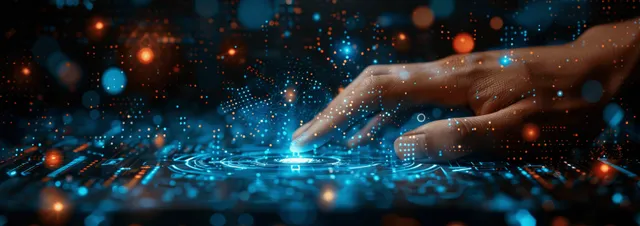Hands hover over a glowing digital dashboard with targets, chart lines, and upward projection graphics.
