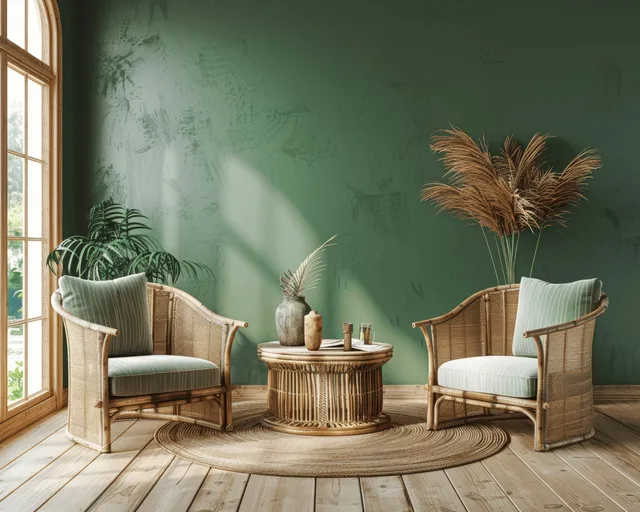 Living room interior mock-up with green wall, two rattan armchairs, and a small round table with vase and pampas.
