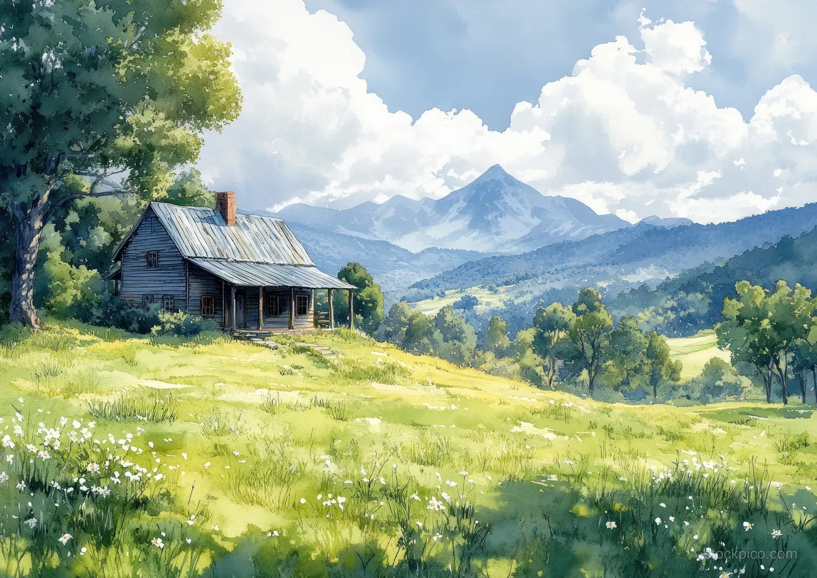 Watercolor landscape shows a wooden house on a green meadow with wildflowers and distant mountains under blue sky.