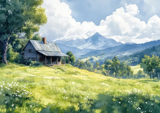 Watercolor landscape shows a wooden house on a green meadow with wildflowers and distant mountains under blue sky.