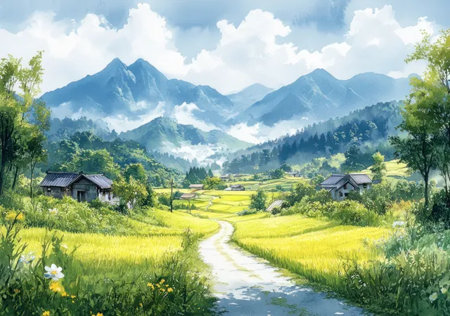 Autumn countryside rice fields with winding path, small houses, and misty mountain backdrop