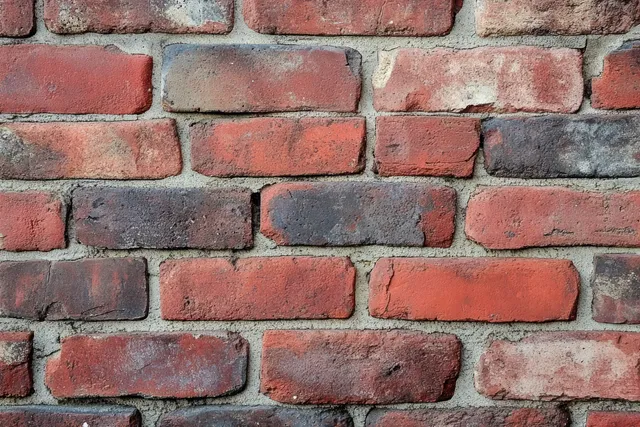 Weathered red brick wall with gray mortar lines and rough horizontal brick pattern fills the frame.