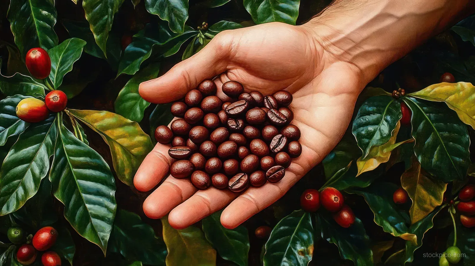 A hand holds roasted coffee beans among green coffee leaves and ripe red coffee cherries.