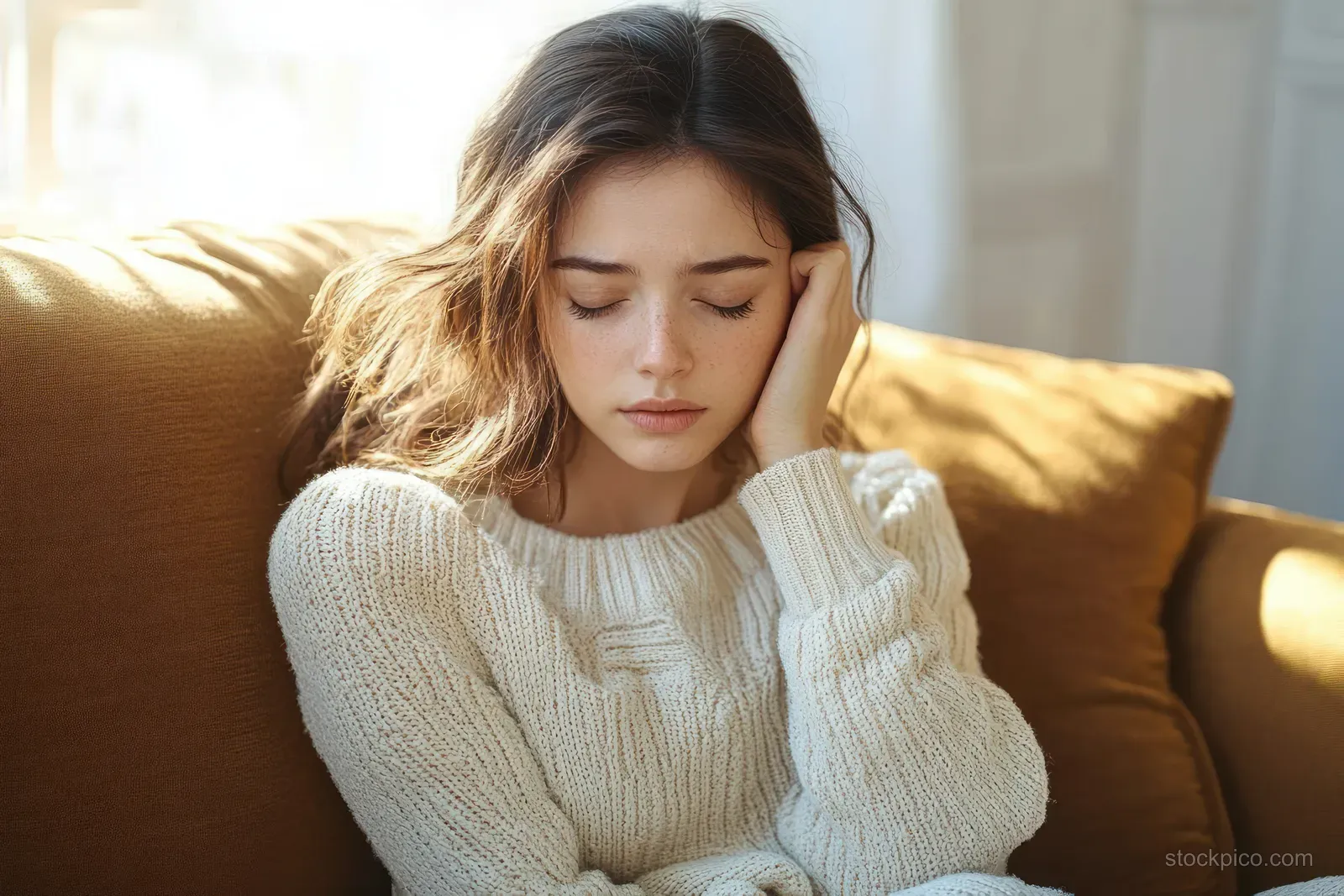Pregnant woman sitting curled on a sofa, holding her stomach and looking unwell in afternoon sunlight.