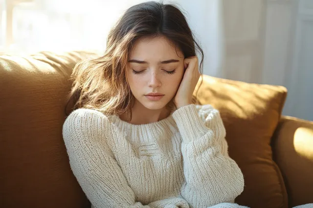Mujer embarazada sentada acurrucada en un sofá, sujetándose el vientre y con aspecto indispuesto bajo la luz de la tarde.