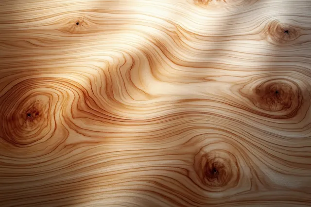 Light wood grain tabletop texture with swirling lines and natural knots closeup