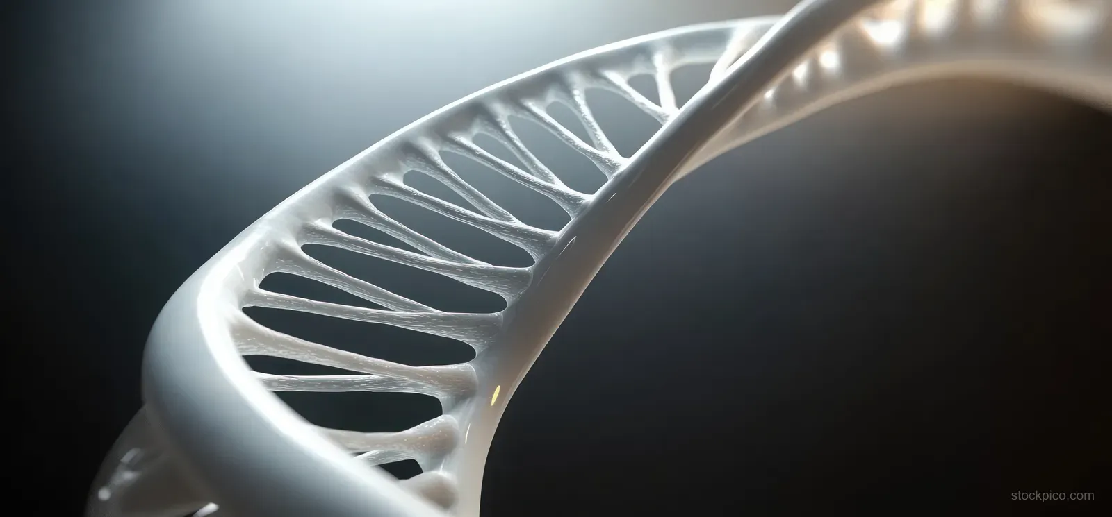 Illuminated white DNA double helix model with spiral ridges against a dark background.