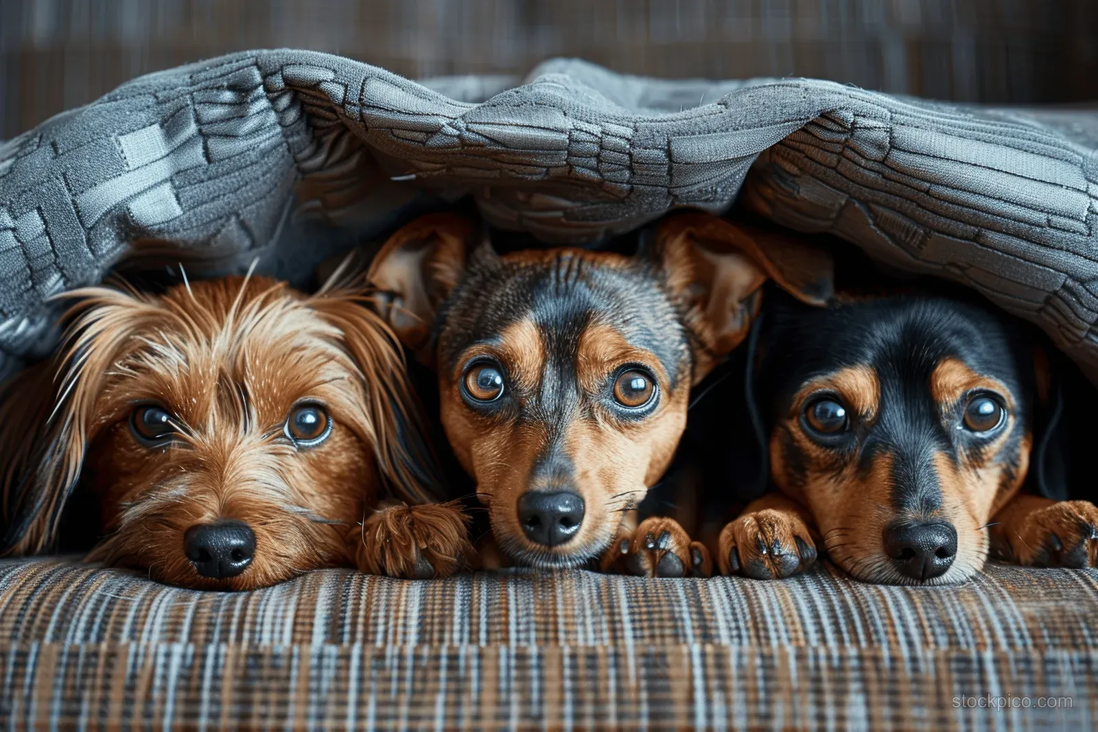 Three scared dogs huddle under a sofa, seeking comfort from the loud noises of a thunderstorm or fireworks.
