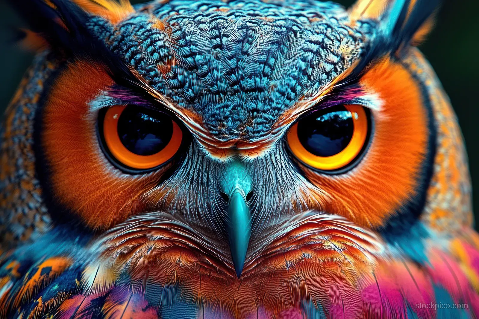 Close-up surreal owl portrait with glowing orange eyes, blue feathers, and swirling double-exposure colors.