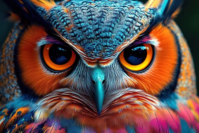 Surreal blue-and-orange owl portrait with glowing eyes and swirling double-exposure colors