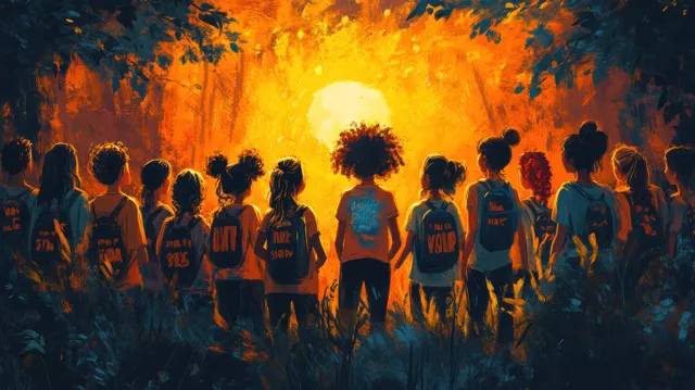 Children stand in a circle listening to Jesus while an orange-gold light fills the background.
