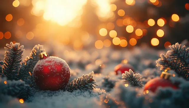 Red Christmas ornaments on snowy pine branches with warm glowing bokeh lights in background