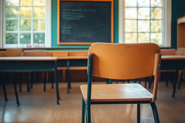 A wooden chair in the foreground of an empty classroom with sunlit windows and blurred chalkboard behind.