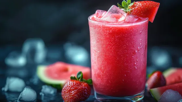 A tall glass of red strawberry watermelon smoothie with ice cubes and fresh strawberries on a dark background.
