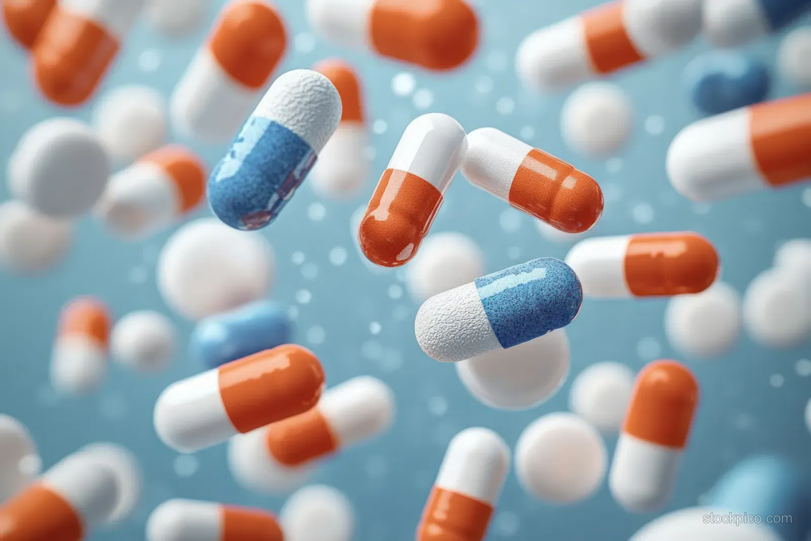 Colorful medicine capsules float against a blurred blue medical background.