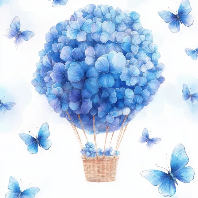 Whimsical watercolor hot air balloon carrying blue hydrangea blooms and butterflies overhead