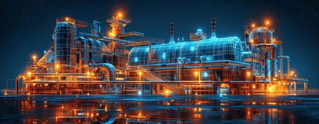 Neon-lit wireframe industrial facility with visible piping networks glowing in blue and orange at night.