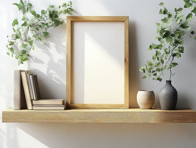 Wooden shelf displays an empty frame, stacked books, and green plants in vases against a bright wall.