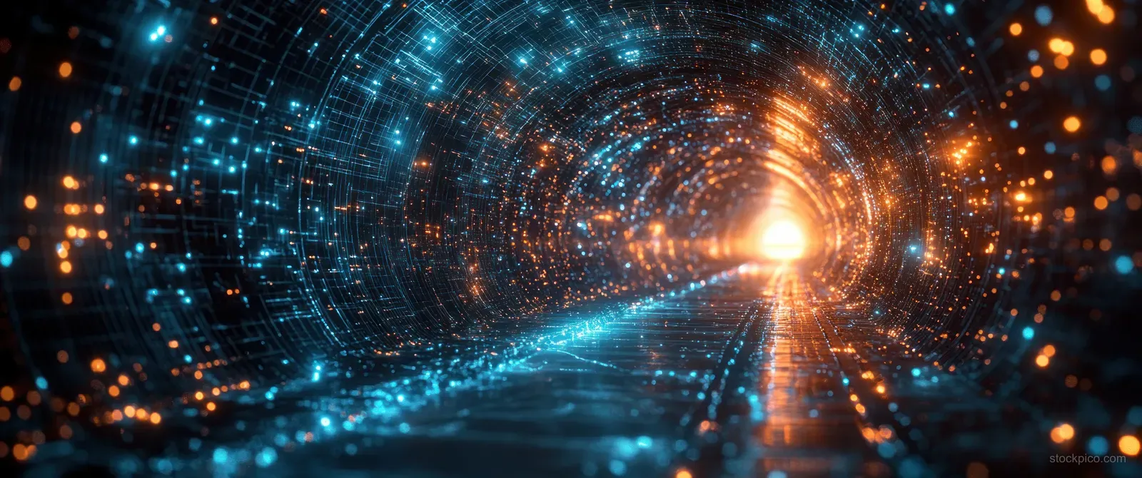 Neon blue cyberpunk data tunnel with glowing blockchain nodes and wireframe network lights streaming into a bright center.