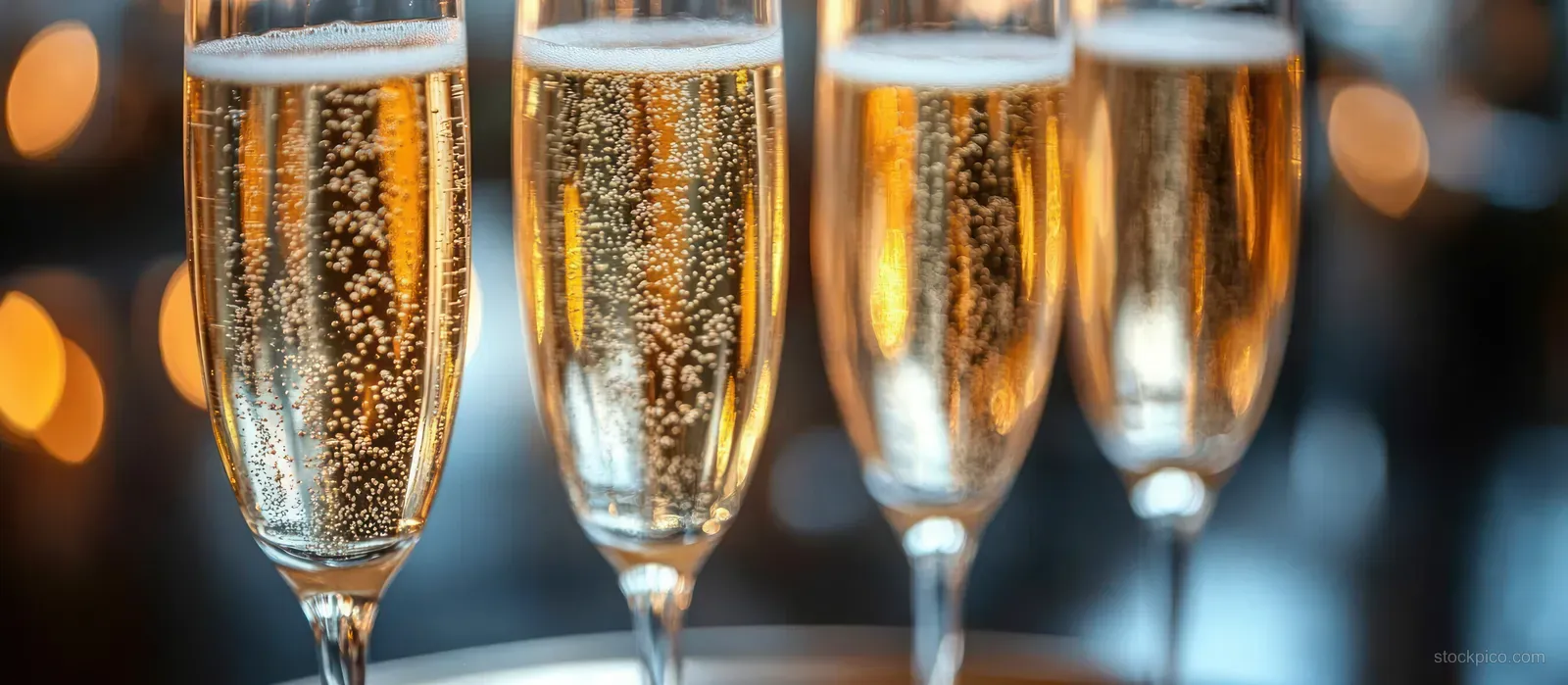 Four champagne flutes filled with sparkling golden liquid with bubbles and light reflections on blurred party lights.