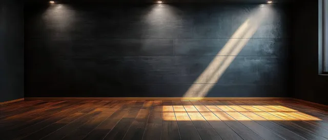 Sunlight beams from a window cross an empty room, highlighting dark textured walls, a wooden floor, and ceiling spotlights.