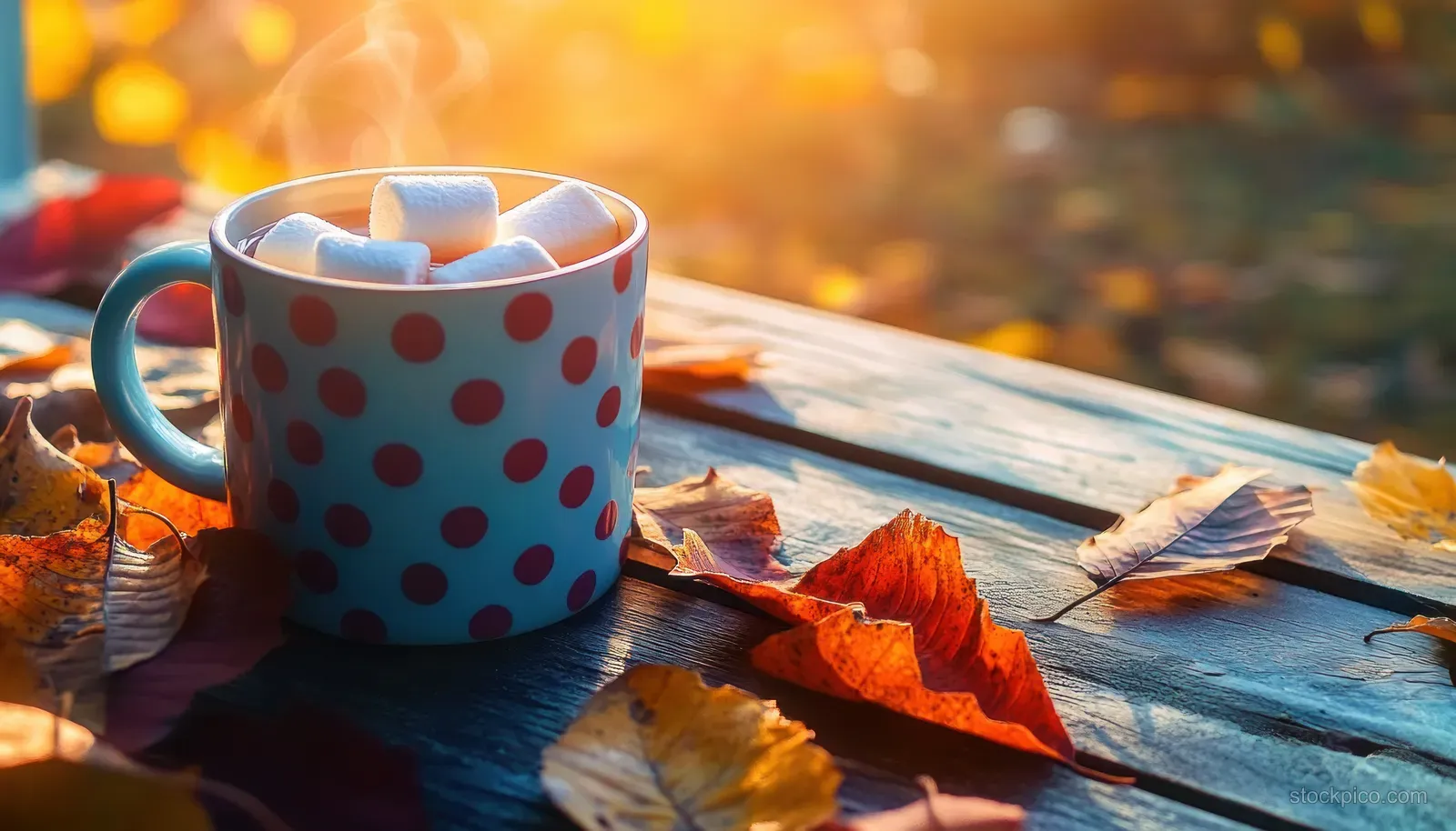 A polka dot hot cocoa mug with marshmallows rests on a rustic table with autumn leaves and warm morning light.