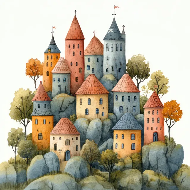 Pastel fantasy castle with red and blue towers sits on misty hills with small trees and soft warm light.