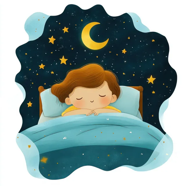 Niño dormido arropado en la cama bajo un cielo nocturno estrellado con una luna creciente resplandeciente.